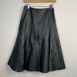 Vintage 80s Wilsons Leather Black High Waist Flared Below Knee Skirt Womens 25 6